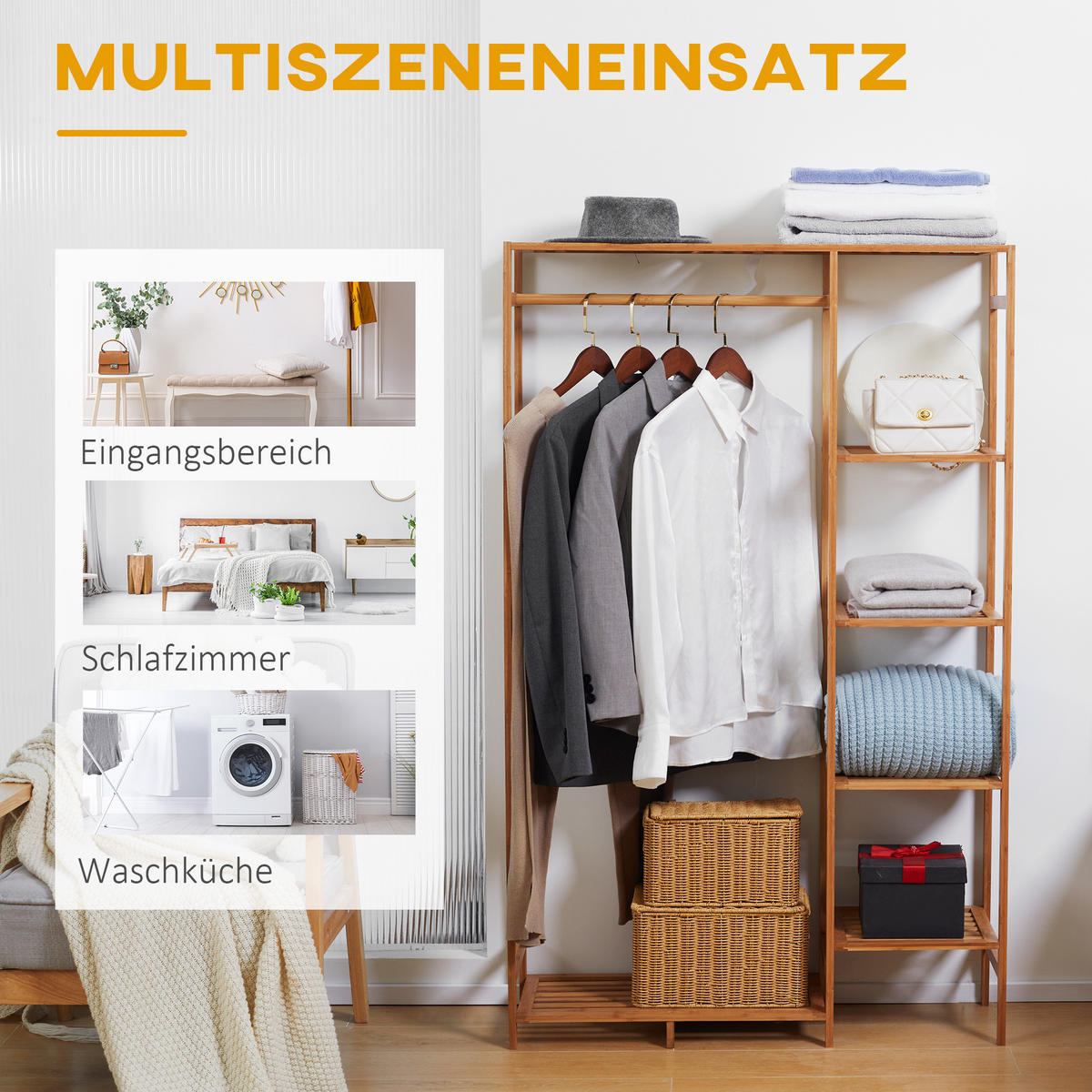 KLEIDERSTÄNDER Garderobenständer mit Kleiderstange, Schuhablag, Regal, Garderobe - Naturfarben, Holzwerkstoff (30/145/90cm) - HOMCOM