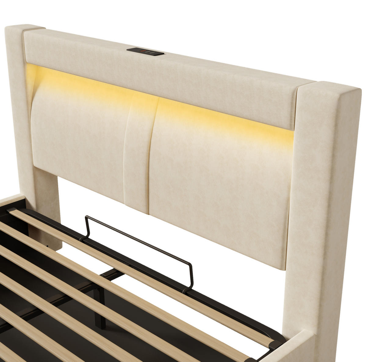 POLNJENA postelja iz žameta 160x200 cm bež s hidravličnim prostorom, LED osvetlitvijo, USB in Type-C priključki - bež, tekstil (160/200cm) - Modfu