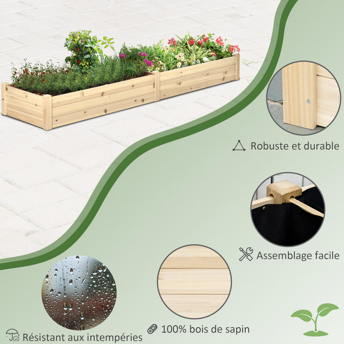 HOCHBEET DE-12241 rechteckig 244/61,5/27 cm mit Drainage Natur - Beige, Holz (242/27/61.5cm) - ComfortXL
