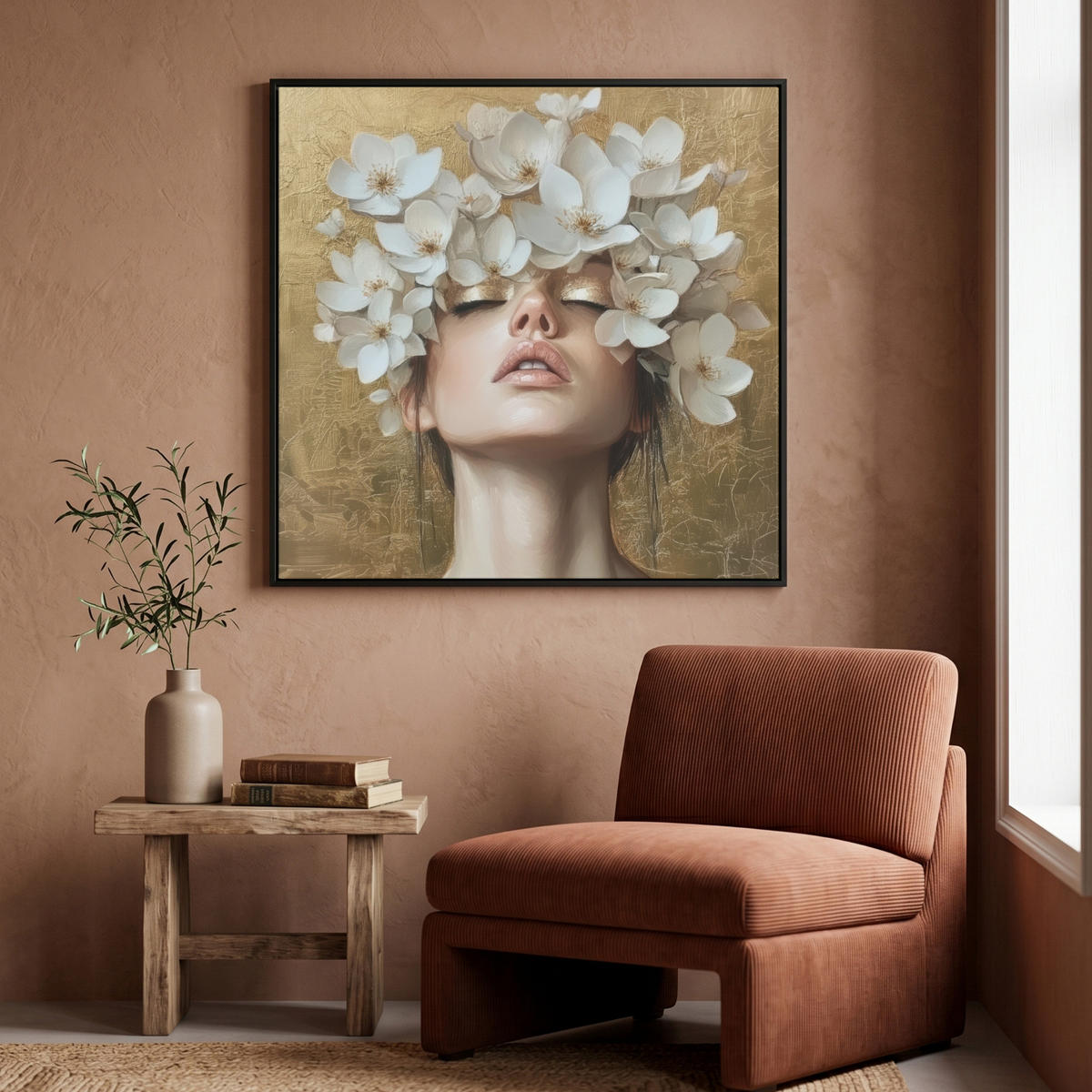 LEINWAND Bilder mit Rahmen - Gesicht - Blumen - Gold - Abstrakt - 90x90 - Goldfarben, Textil (90/90cm) - MuchoWow