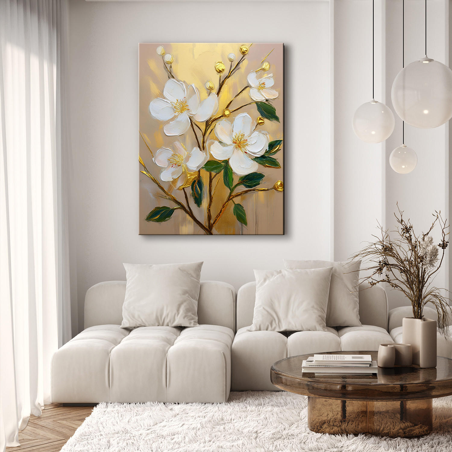 WANDBILD weiß gemalte blumen auf goldenem hintergrund - Weiß, Textil (40/60cm) - Feeby