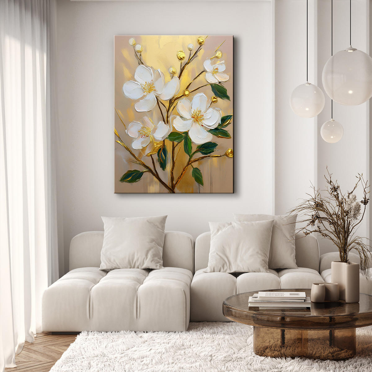 WANDBILD weiß gemalte blumen auf goldenem hintergrund - Weiß, Textil (40/60cm) - Feeby