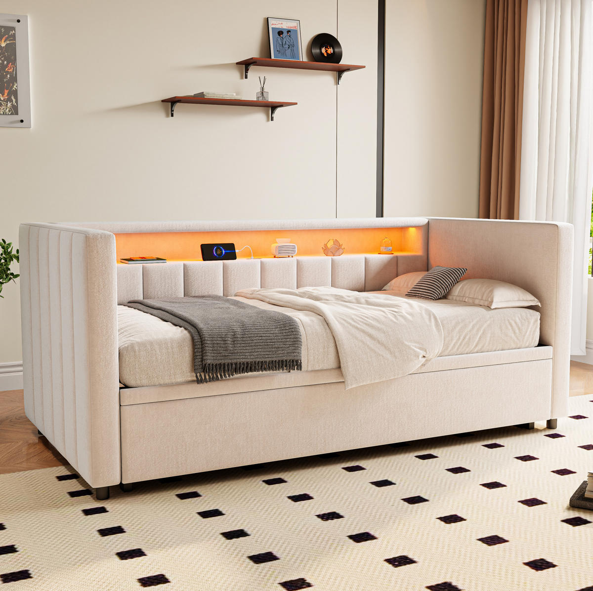 SCHLAFSOFA 90/190 cm mit Ausziehbett, LED-Beleuchtung, USB-Type-C und Samtbezug, Beige - Beige, Textil (201/73/100cm) - Redom