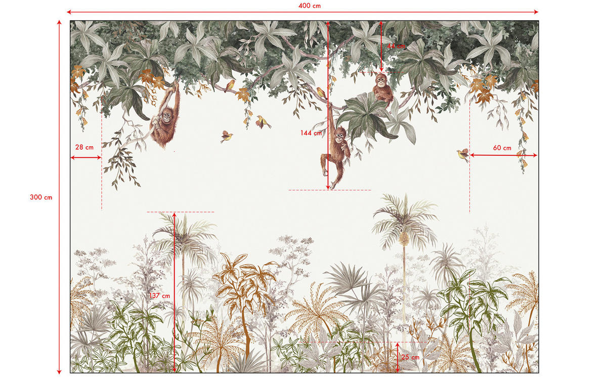 VLIESTAPETE Indonesischer Wald mit Affen. 4 m x 3 m, grün/braun - Multicolor, Papier (300/200cm) - Lilipinso