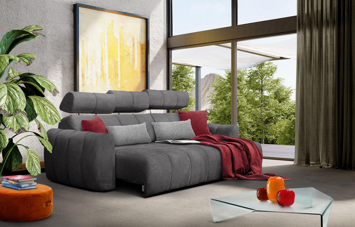 ECKSOFA KIMI 3-Sitzer, ausziehbarer Sitz, verstellbare Kopfstützen, dunkelgrau - Anthrazit/Schwarz, Holzwerkstoff/Textil (270/160cm) - Courtois Laville