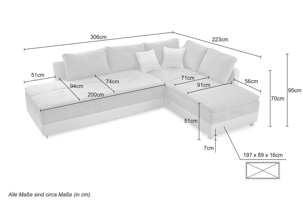 ECKSOFA-DAUERSCHLÄFER Doppelbett Boxspring Federkern Topper, Schwenkteil links B306/T223/H95 cm, Kunstleder Weiß+ Mikrofaser Hellgrau / 15103 - Chromfarben/Hellgrau, Textil/Metall (306/223cm) - luma-home