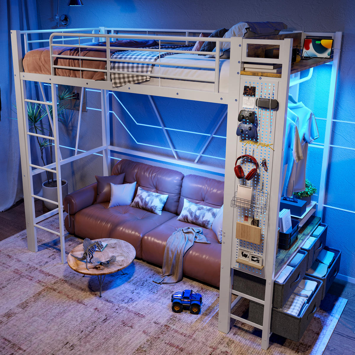 HOCHBETT 90x200cm Weiß Metall Trockenstab 4 Schubladen USB-C LED - Weiß, Metall (90/200cm) - FLIEKS