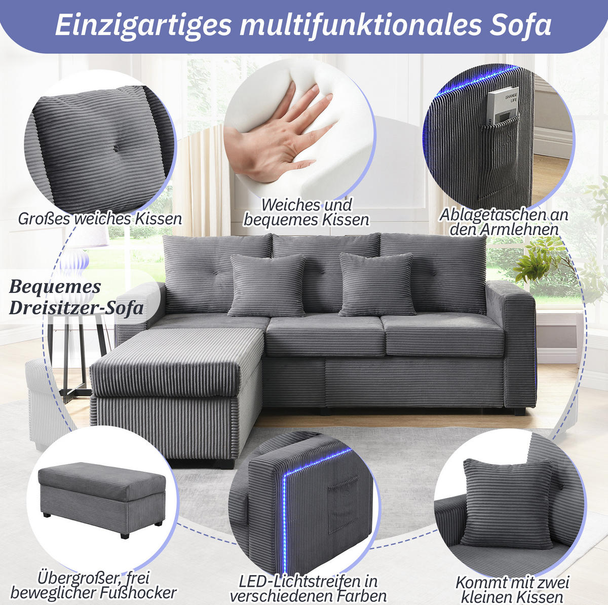 SOFA mit LED und Hocker L-Form Cord Antique Gray 5-Kissen-Set - Grau, Kunststoff (184/84.5cm) - IVMEU