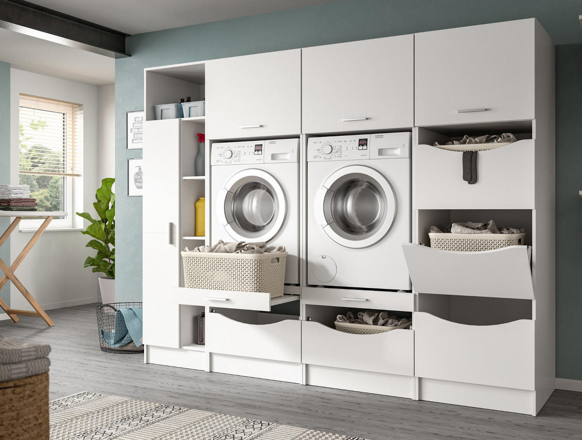 WASCHMASCHINENSCHRANK weiß Set 4-teilig, Waschmaschinenumbau 242 cm mit viel Stauraum - Silberfarben/Weiß, Glas/Holzwerkstoff (242/192/68cm) - Inn.Furn