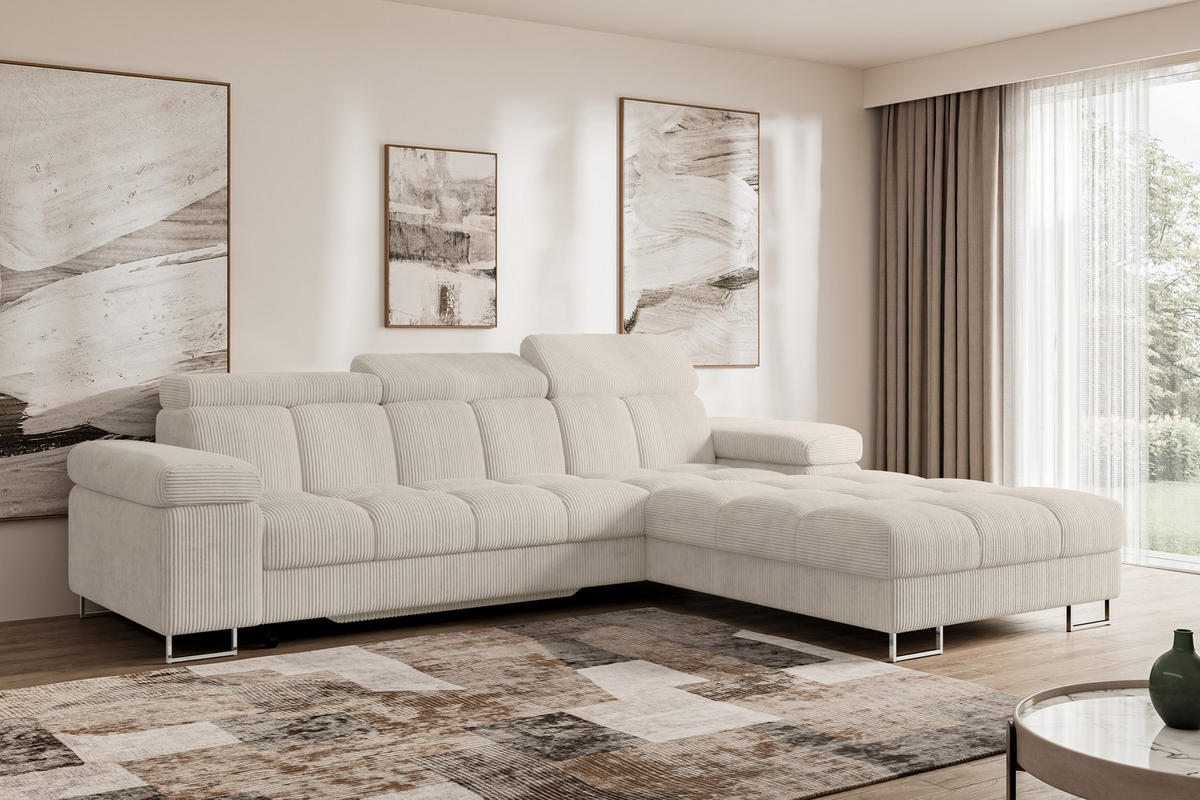 ECKSOFA mit Schlaffunktion Ottomane Rechts COMA L 271x203x79 Beige Cord - Beige, Holzwerkstoff/Textil (203/271cm) - ALTDECOR