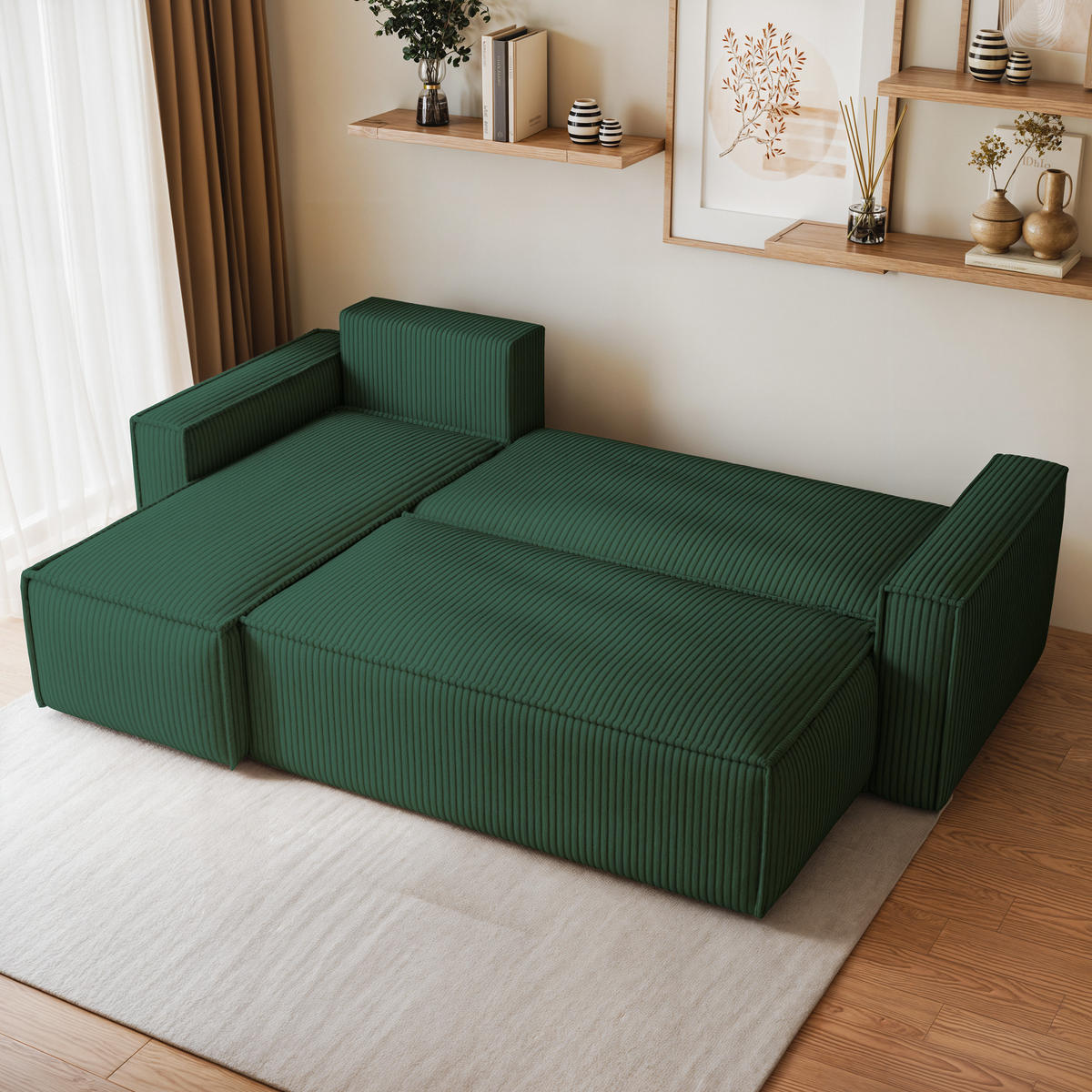 ECKSOFA RAVELO P Grün Kordstoff mit Schlaffunktion - Grün, Holz (240/140cm) - MASSENO