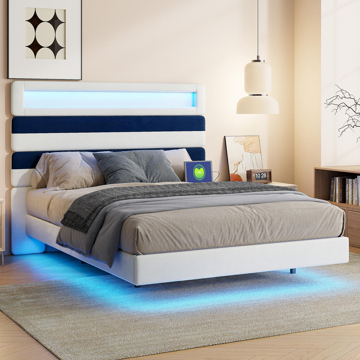 POLSTERBETT 140/190 cm mit RGB-LED-Beleuchtung am Kopfteil und unter dem Bett, USB-Anschluss, zweifarbig gestreiftes Kopfteil - Weiß, Holz/Metall (140/190cm) - Joyfair