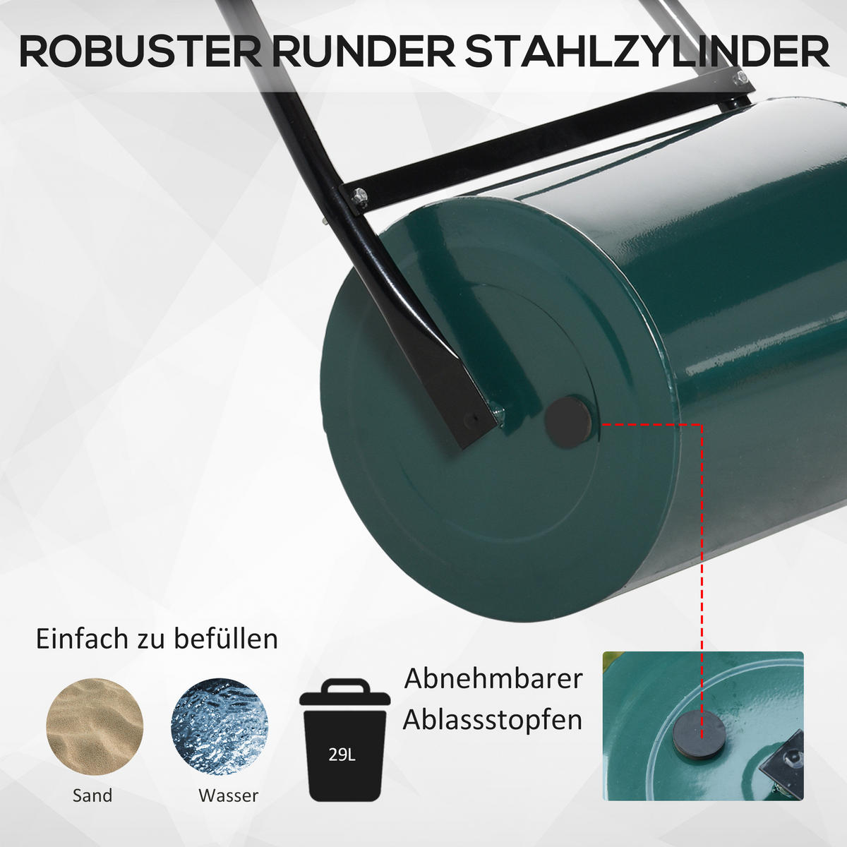 RASENWALZE, Gartenrolle, Gartenwalze mit U-Griff, 30 cm Arbeitsbreit, Metall, Grün - Dunkelgrün, Metall (50/30/102cm) - Outsunny