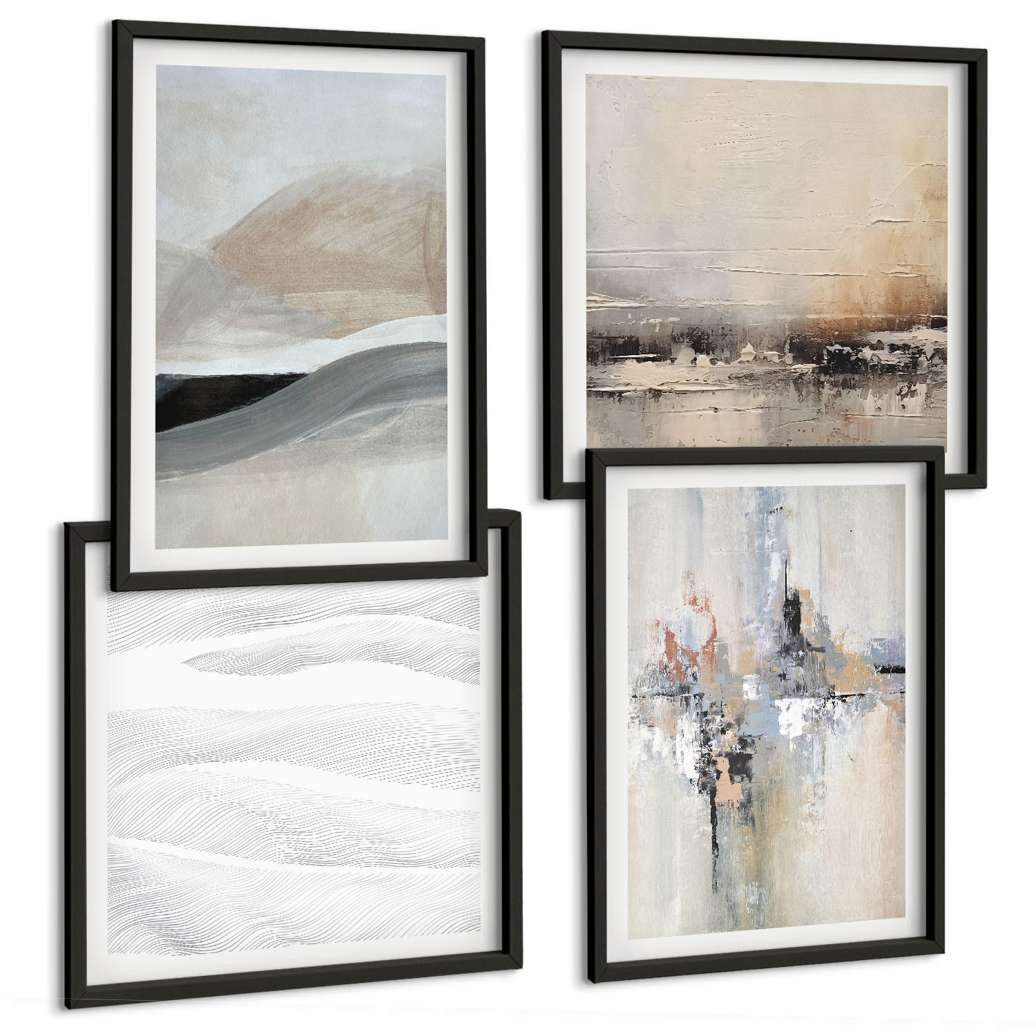 BILDER SET 4er Set - 50x50 cm & 40x60 cm Schwarzer Rahmen - Abstrakte Erdmuster - Schwarz, Kunststoff (50/50cm) - TULUP
