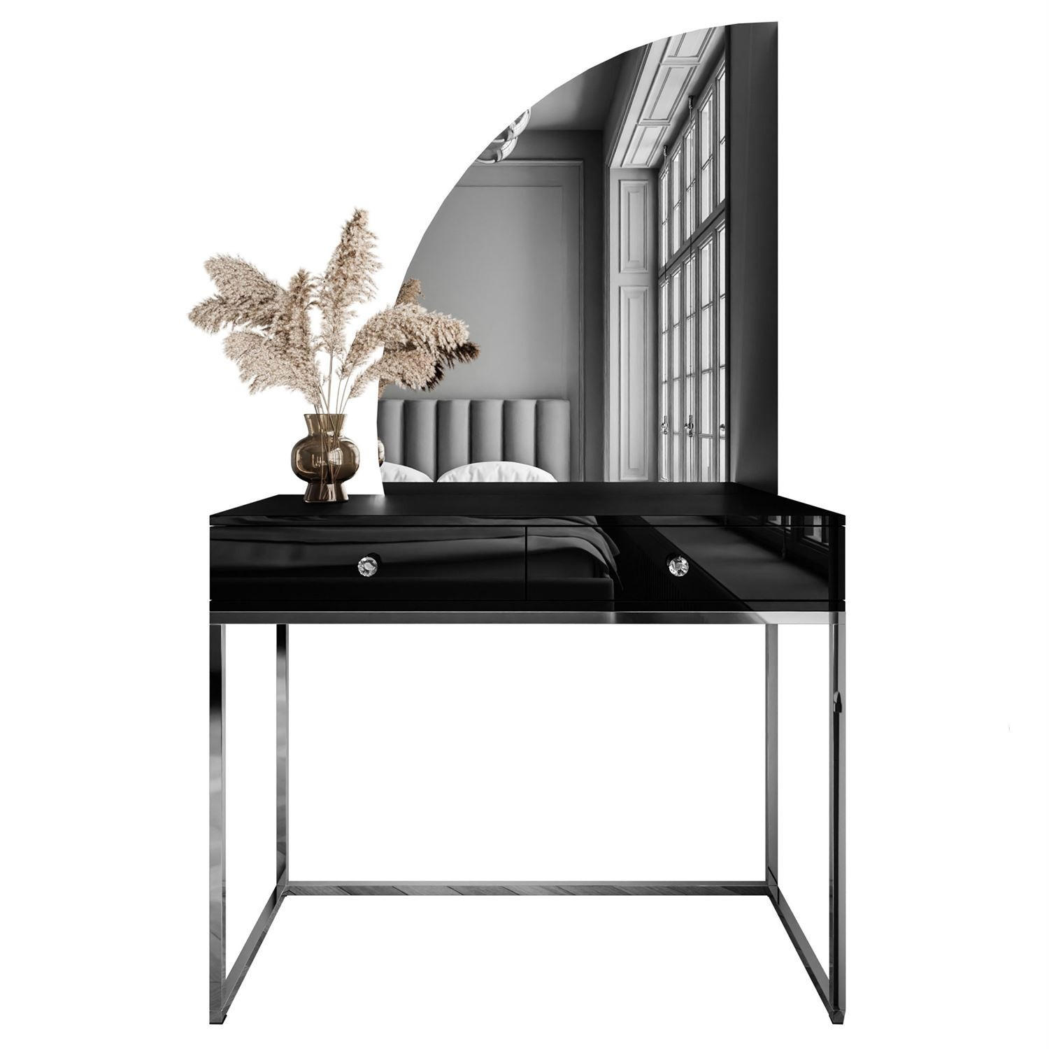 SCHMINKTISCH schwarz QUINNIE GLAMOUR mit LED-Spiegel links Griff Kristall - Silberfarben/Schwarz, Holzwerkstoff (100/176/42cm) - Lookway