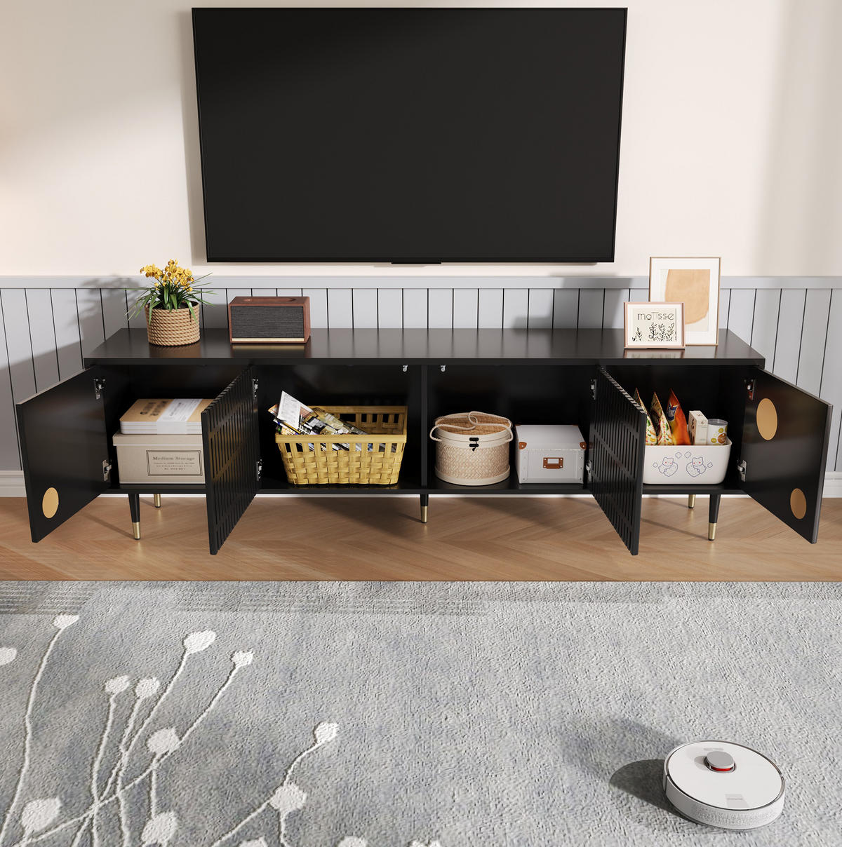 LOWBOARD 170/36/54 cm aus MDF mit Gitterfront und goldfarbenen Akzenten Schwarz - Schwarz, Holzwerkstoff (170/54/36cm) - Modenvie