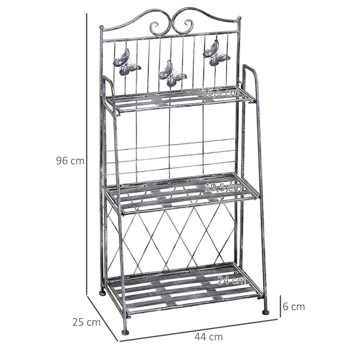 STOJAN na květiny 44/25/96 cm šedý z kovu s antickým efektem a skládacím designem - šedá, kov (25/96/44cm) - OKWISH