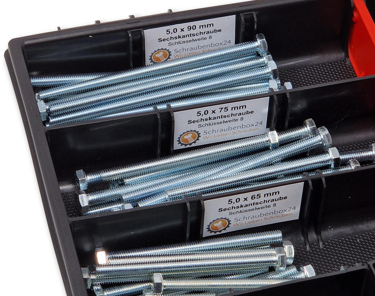 SECHSKANTSCHRAUBEN Sortiment M5 // 65mm-100mm 90 tlg Schraubenbox DIN 933 / ISO 4017 - Zinkfarben, Metall (5/3.5cm) - Schraubenbox24