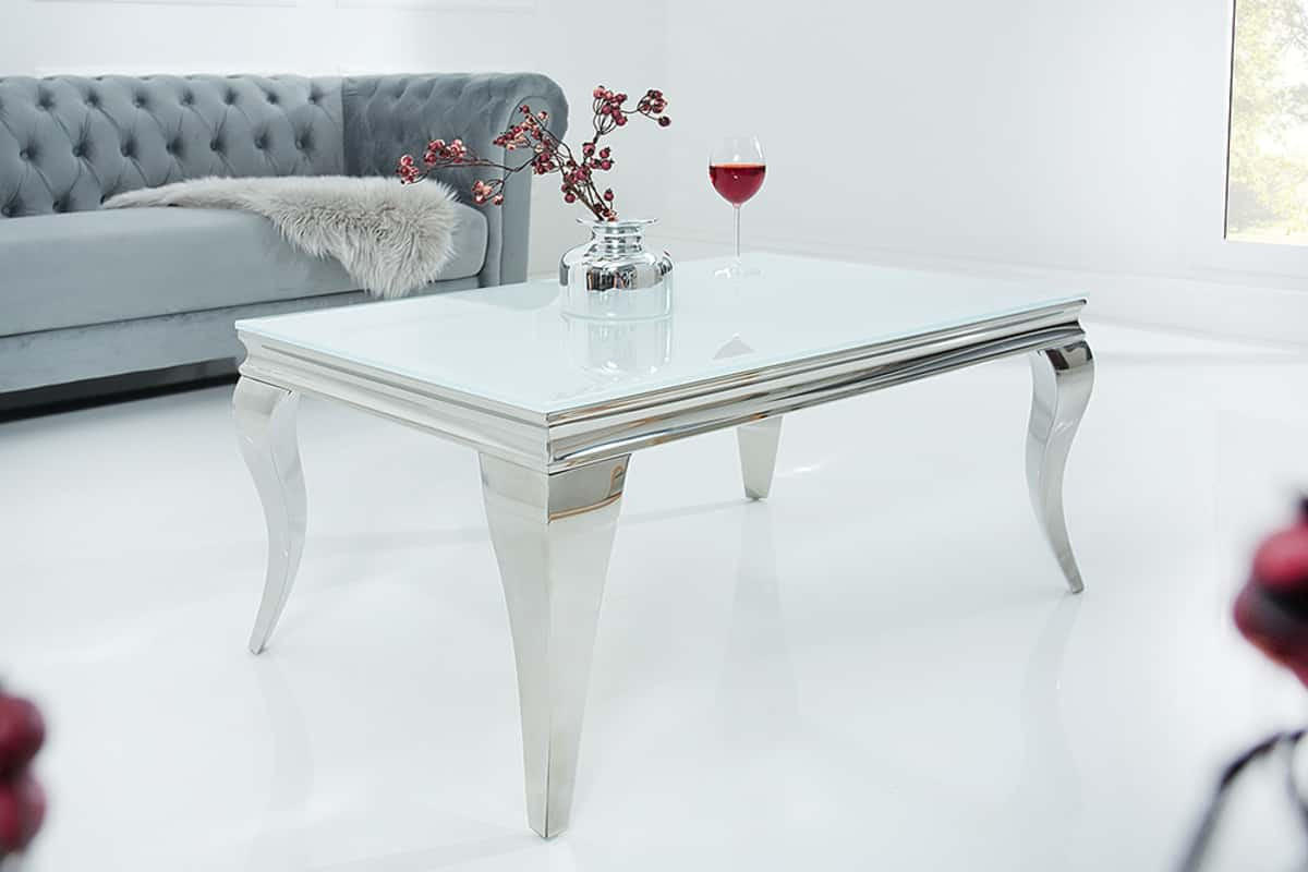COUCHTISCH MODERN BAROCK rechteckig Silber|Weiß 100cm - Silberfarben/Weiß, Glas/Metall (60/100/45cm) - riess-ambiente