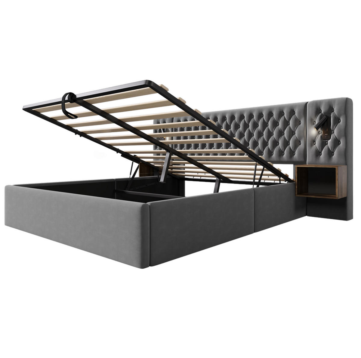 POLSTERBETT aus Samt 180x200 cm Grau mit Bettkasten, Nachttischen, Leselampen und USB-/Type-C-Anschlüssen - Grau, Textil (180/200cm) - IVMEU