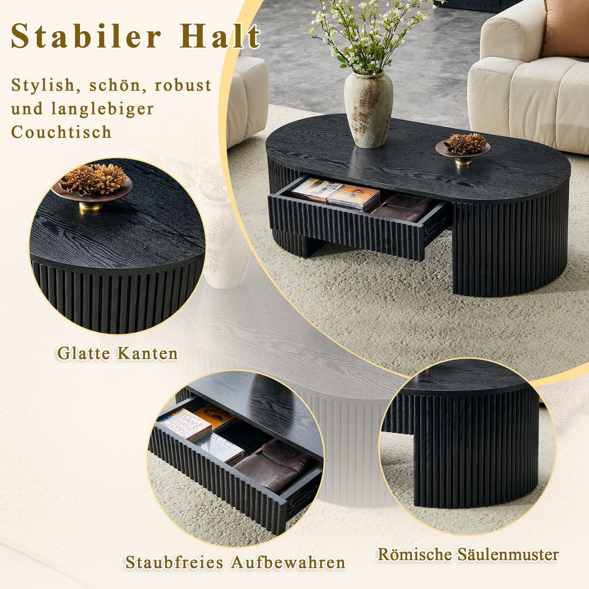 COUCHTISCH DE-37394 oval mit Rillenverkleidung und Schublade Schwarz - Schwarz, Holzwerkstoff (105/54/38cm) - ComfortXL