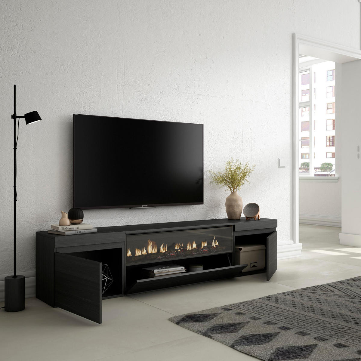 LOWBOARD Elektrokamin, schwarz, 200/35/45cm - Anthrazit, Holzwerkstoff (200/45/35cm) - Skraut Home