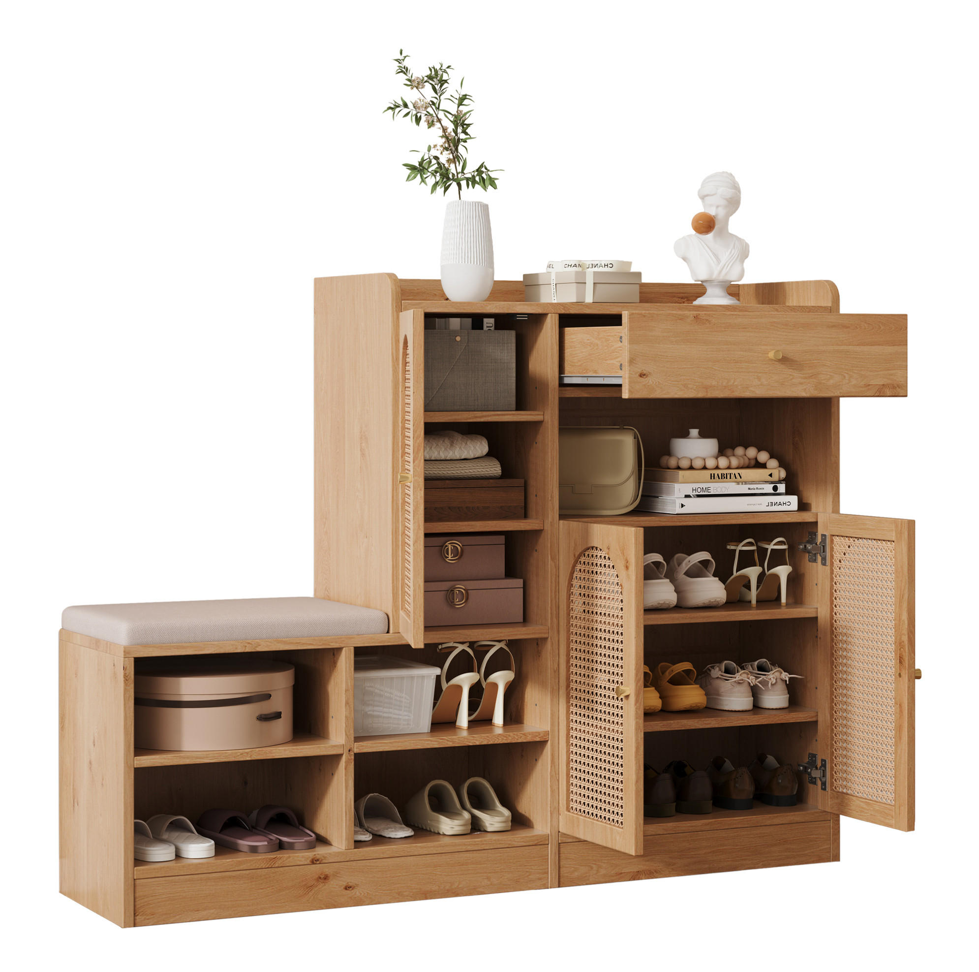 SCHUHSCHRANK 142/35/110 cm Natural aus Spanplatte mit Bank und Rattantüren - Naturfarben, Holzwerkstoff (142/110/35cm) - OKWISH