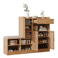 SCHUHSCHRANK 142/35/110 cm Natural aus Spanplatte mit Bank und Rattantüren - Naturfarben, Holzwerkstoff (142/110/35cm) - OKWISH