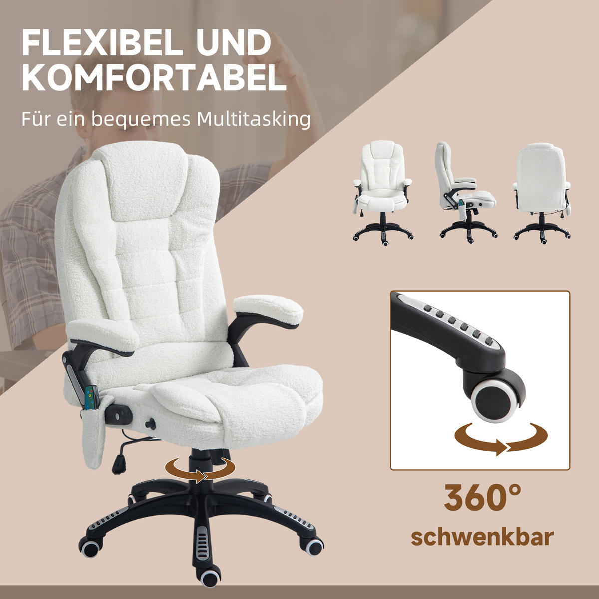 MASSAGE-BÜROSTUHL mit Wippfunktion, Schreibtischstuhl mit Heizfunktion, Weiß - Schwarz/Weiß, Kunststoff/Textil (74/116/67cm) - Vinsetto