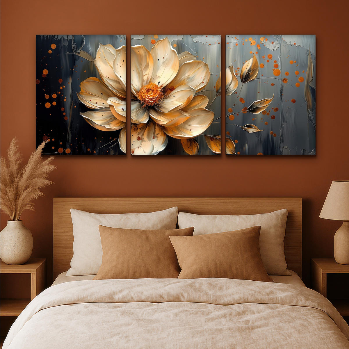 LEINWANDBILD 3er Set Blume - Gold - Abstrakt - Farbe 180x80 cm - Creme, Textil (180/80cm) - MuchoWow