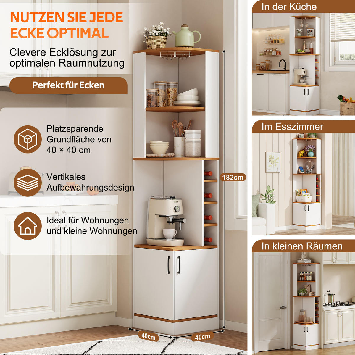 HIGHBOARD DE-38705 40/40/182 cm Weinglasregal und 4 Weinfächer Weiß - Weiß, Holzwerkstoff (40/182/40cm) - ComfortXL
