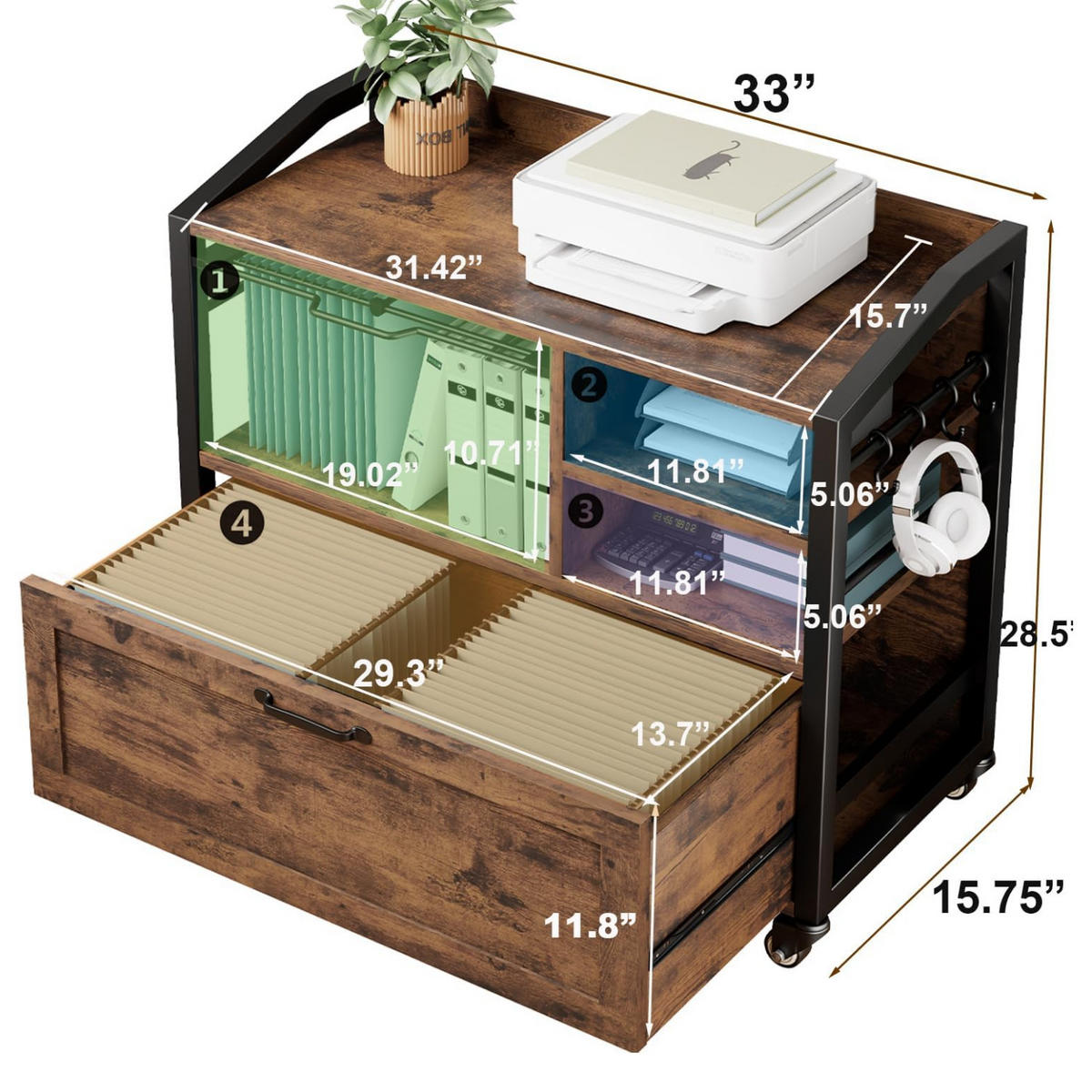ROLLCONTAINER AKTENSCHRANK mit Hängeregister & Rollen INDUSTRIAL 83.8 x 40.0 x 72.5 cm - Wildeiche, Holzwerkstoff/Metall (83/72.5/40cm) - Quality Elegance