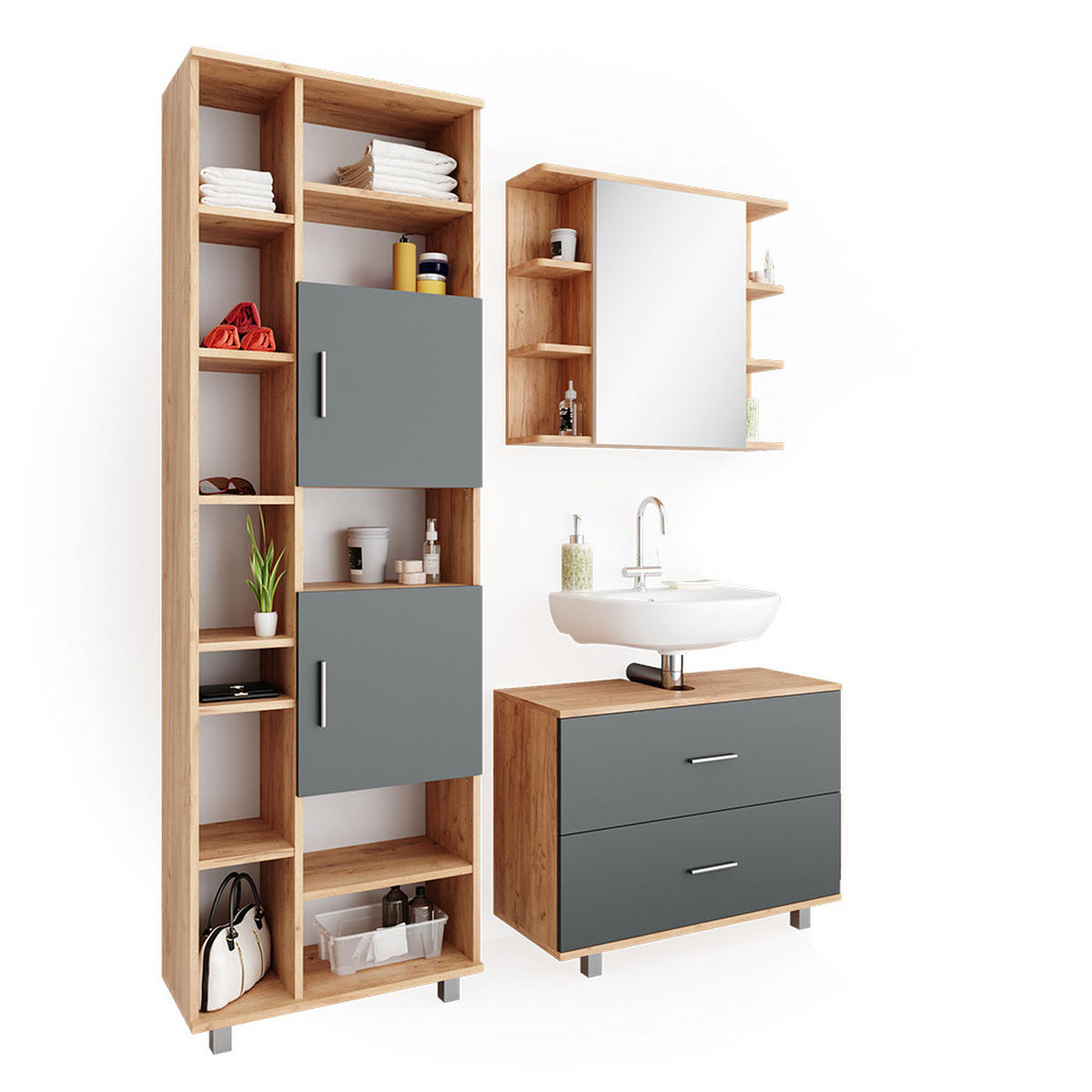 BADMÖBEL-SET Ilias Anthrazit/Goldkraft Eiche 3 Teile, mit Hochschrank - Honigeiche/Anthrazit, Holzwerkstoff (80.2/60.8/33cm) - Vicco