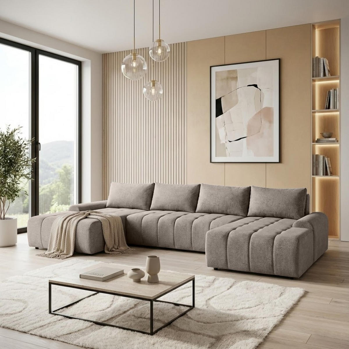 WOHNLANDSCHAFT Costa U Taupe - Taupe/Schwarz, Kunststoff/Textil (367/80/169cm) - Beautysofa