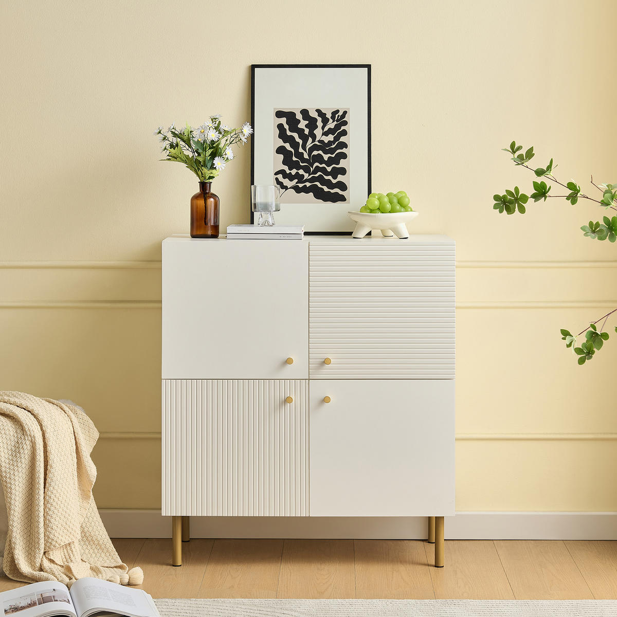 SIDEBOARD Weiß MDF Stahlbeine Zinkgriffe modern - Weiß, Holzwerkstoff (36/90/80cm) - FLIEKS