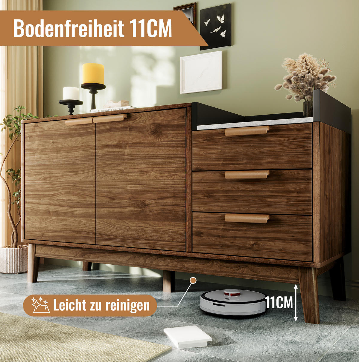 SIDEBOARD in dunkler Eiche mit Marmor-Optik Platte, 3 Schubladen und Doppeltürschrank, kehrroboterfähig, 120/40/77 cm, dunkler Eiche - Eichefarben, Holzwerkstoff (120/77/40cm) - Redom