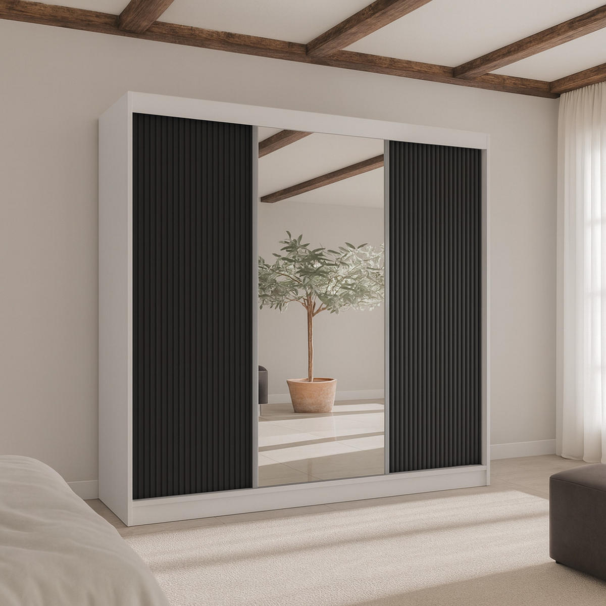 SCHWEBETÜRENSCHRANK Rafi mit Spiegel und mit geriffelten Fronten, 200 cm, Weiß+Schwarz - Schwarz/Weiß, Holzwerkstoff (200/215/61cm) - AN-Moebel 4u