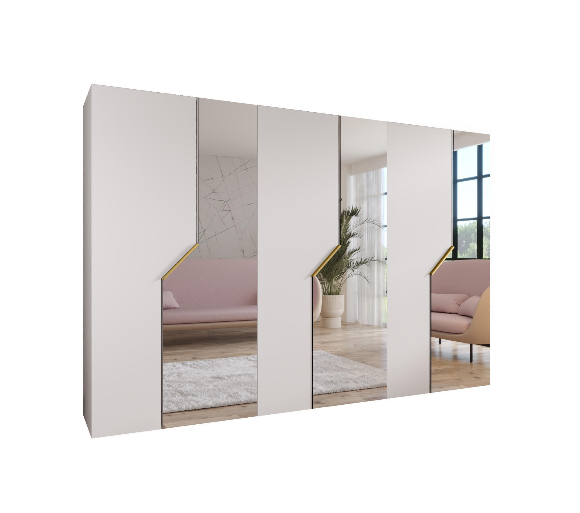 Abiks Möbel DREHTÜRENSCHRANK Weiß, Gold 300cm × 52cm × 202cm