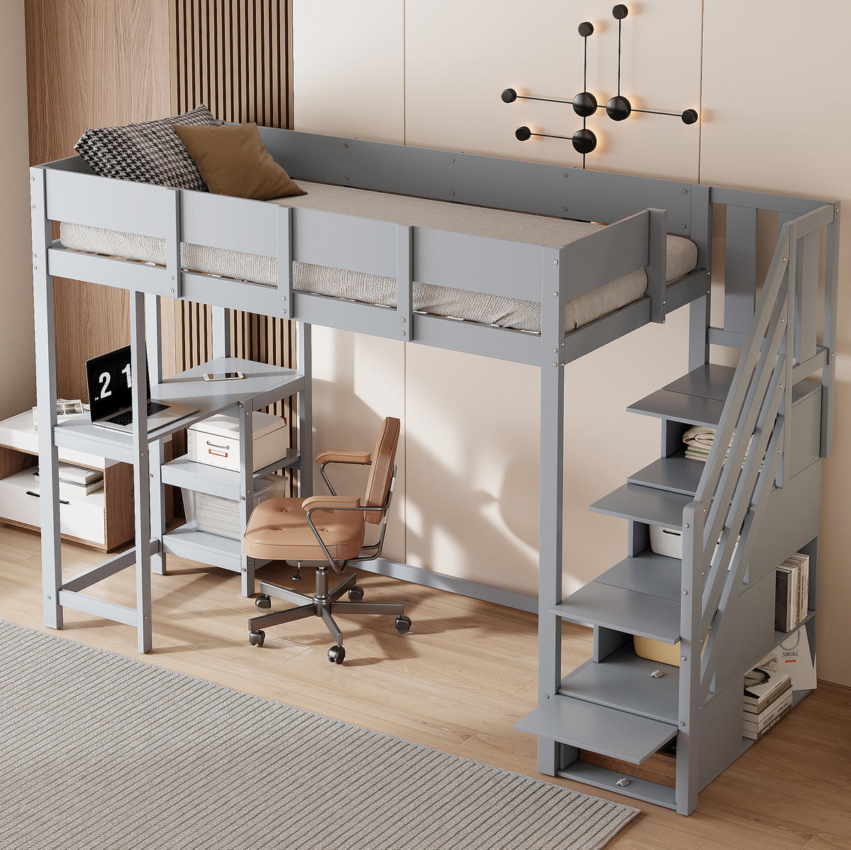 HOCHBETT 90/200 cm mit Stauraumtreppe, Ablageregal und Lattenrost aus Kiefern Holzwerkstoff, Grau - Grau, Holzwerkstoff (90/200cm) - Redom