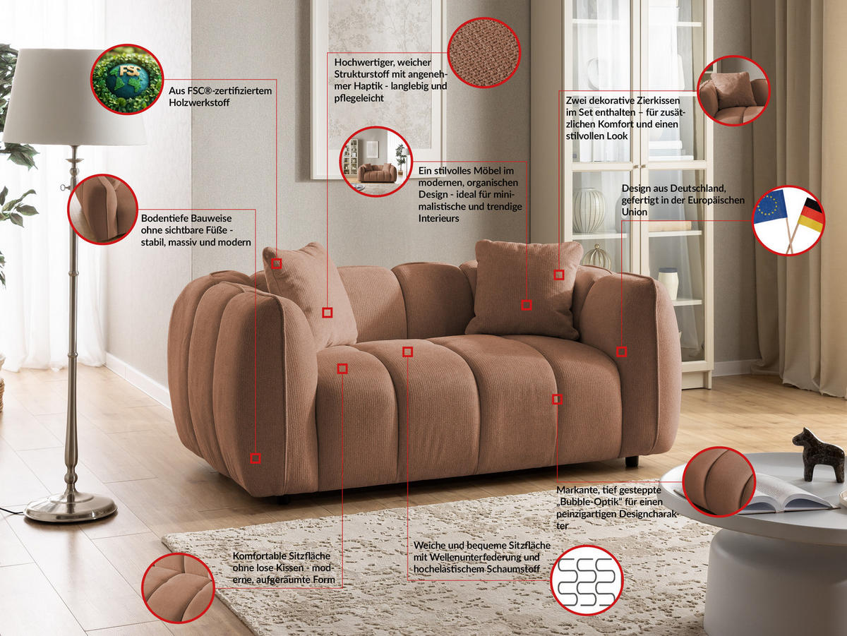 SITZGARNITUR 2+1 Nubira in tief gesteppter Bubble-Optik aus weichem Terrakotta Strukturstoff im modernen Design - Terracotta/Schwarz, Holz/Kunststoff (172/69/89cm) - S-Style Möbel