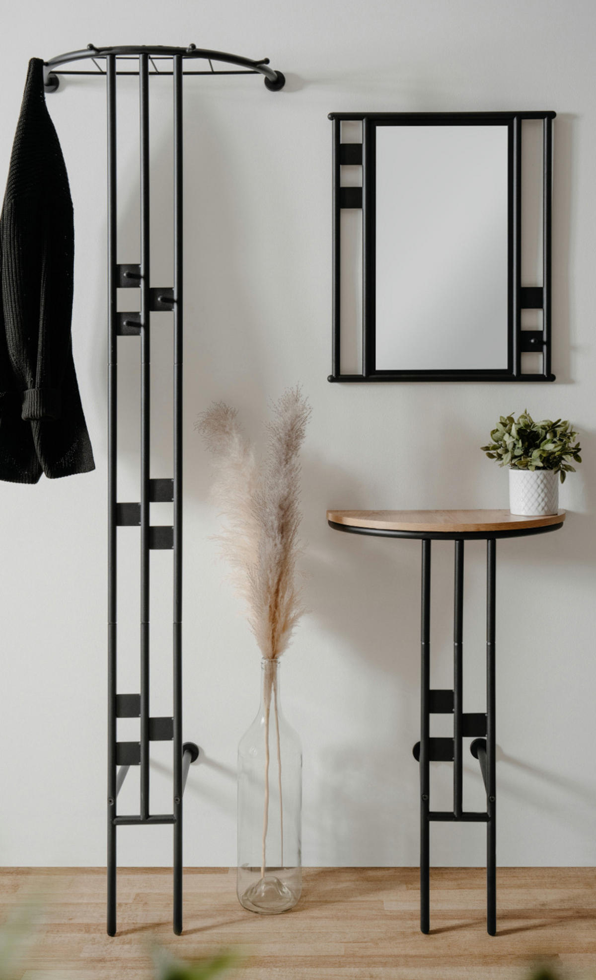 GARDEROBEN-SET 3-teilig schwarz Metall 130 cm, Flurgarderobe mit Spiegel - Schwarz, Metall (130/185/28cm) - Furn.Design