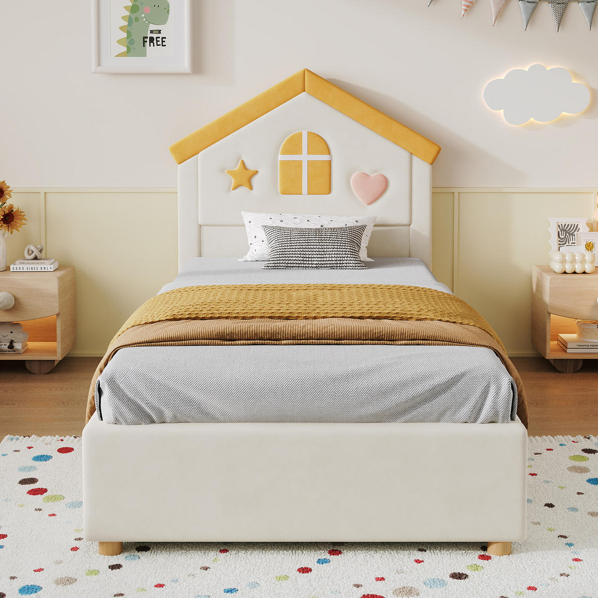 KINDER-POLSTERBETT 90x200 cm in Beige mit Hauskopfteil und 4 Schubladen - Beige, Textil (90/200cm) - IVMEU