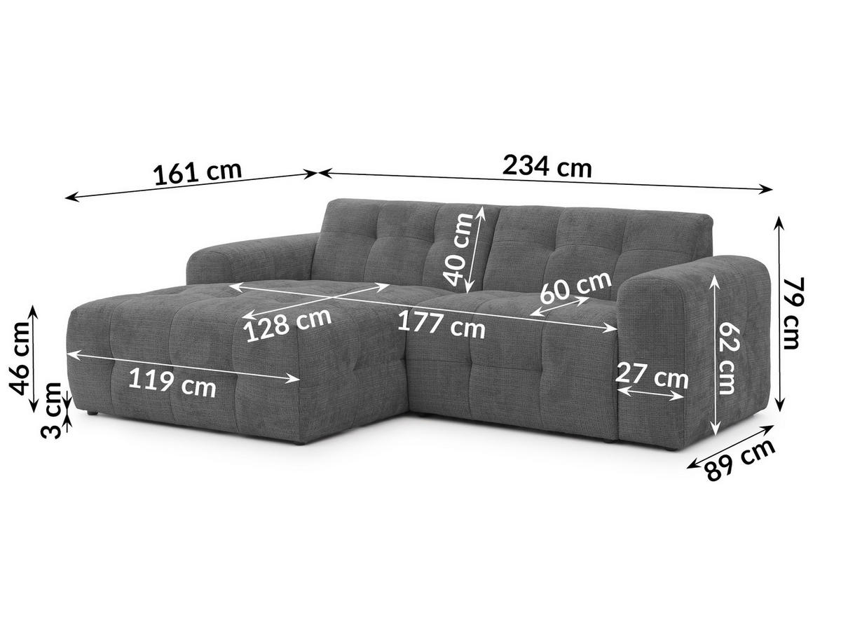 ECKSOFA inkl. Hocker Kozy im Bumpy-Design mit Schlaffunktion und fester Rückenlehne aus weichem Grau Chenille-Stoff - Ottomane links - Schwarz/Grau, Holz/Kunststoff (161/234cm) - S-Style Möbel