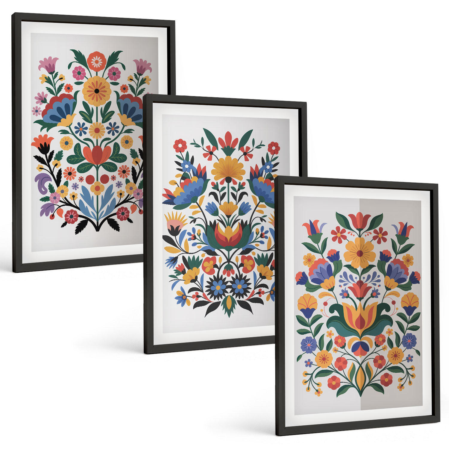 BILDER SET 3er Set - 40x60 cm Schwarzer Rahmen - Blumenmuster in intensiven Farben - Schwarz, Kunststoff (40/60cm) - TULUP