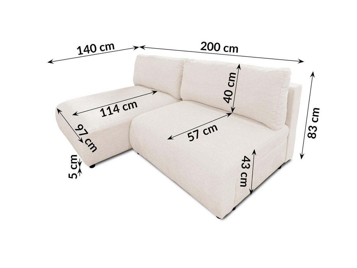 ECKSOFA Sora mit Schlaffunktion, Bettkasten und extra tiefer Komfortzone aus hochwertigem Creme Strukturstoff - Creme/Schwarz, Holz/Kunststoff (140/200cm) - S-Style
