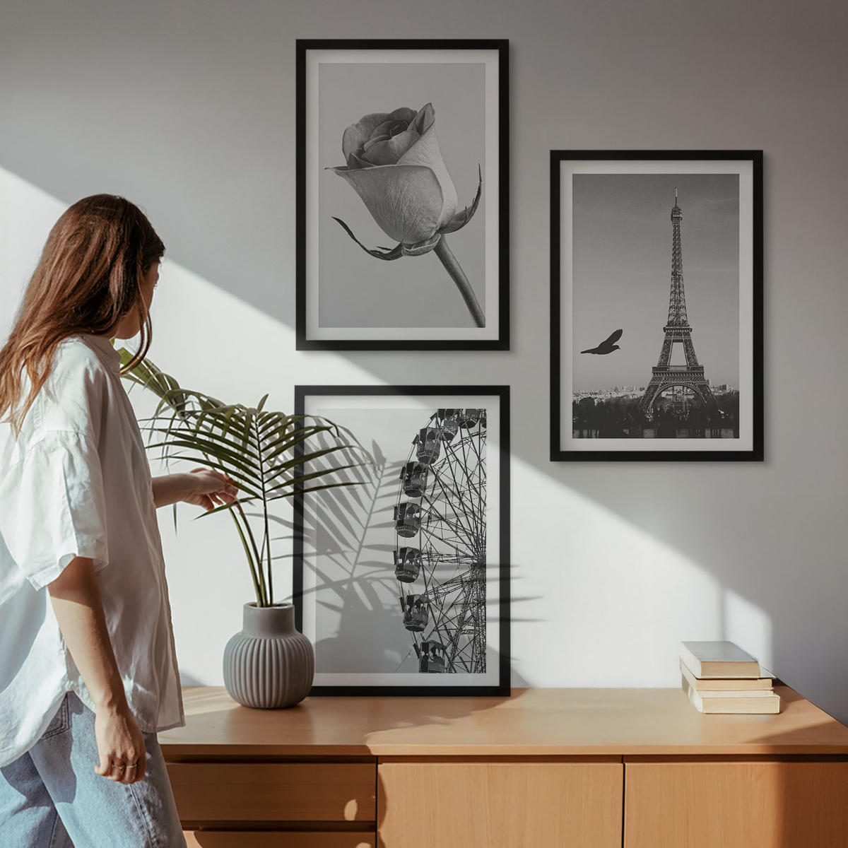 WANDBILDER 3er-Set - 40x60 cm Schwarzer Rahmen - Rose Eiffelturm Riesenrad - Schwarz, Kunststoff (40/60cm) - ArtPrintCave