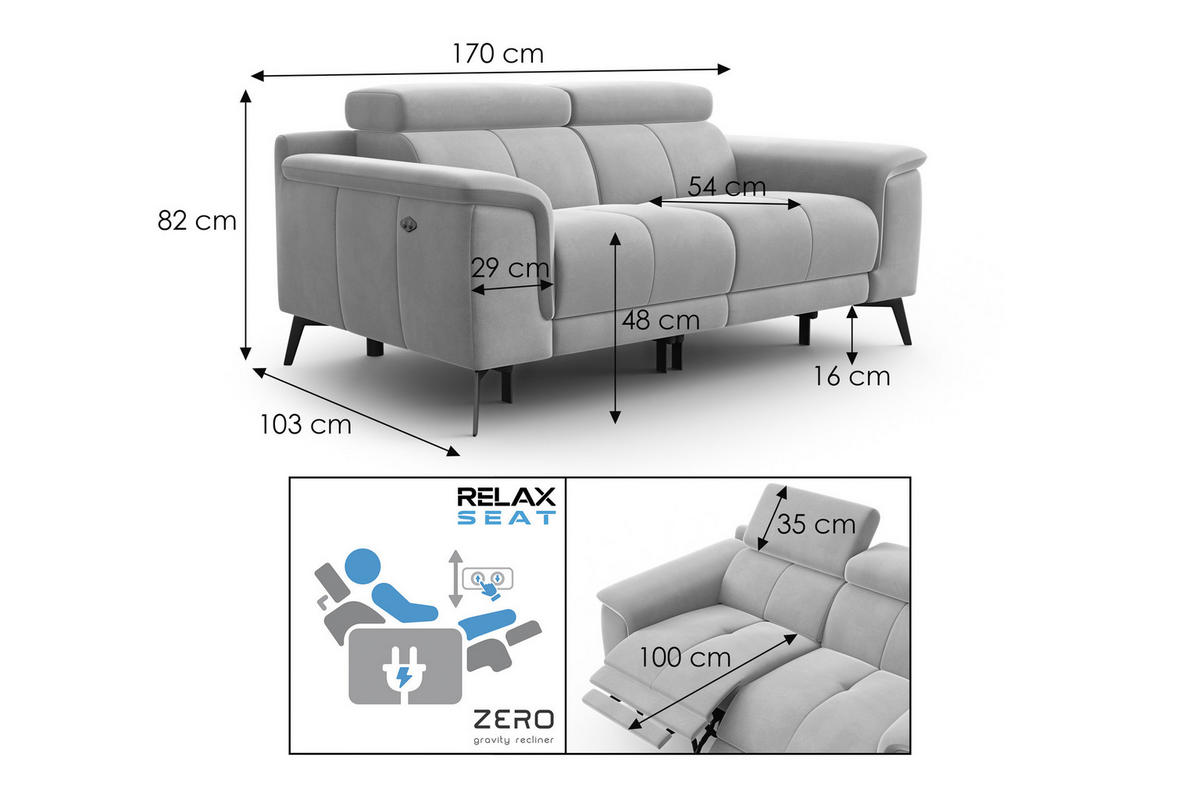 SOFA RELAX FIERO 2-Sitzer, Marineblauer Veloursstoff - Blau/Schwarz, Holz/Textil (170/82/103cm) - Courtois Laville