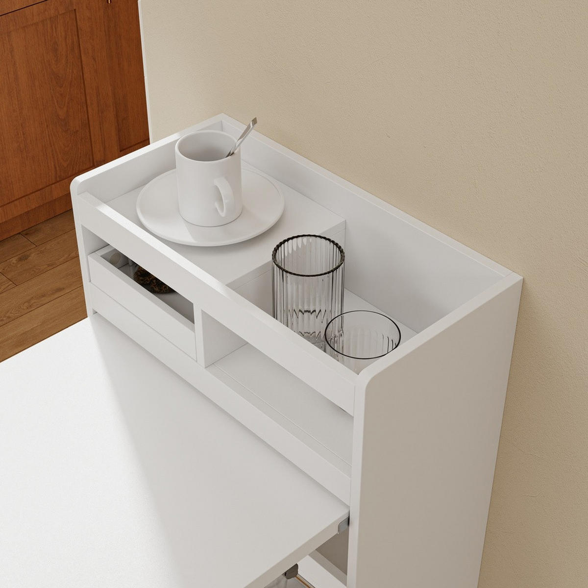 KUCHYŇSKÝ vozík s výsuvnou pracovní deskou a úložným prostorem - barva javoru, kožešina (65.3/120/199.5cm) - SoBuy