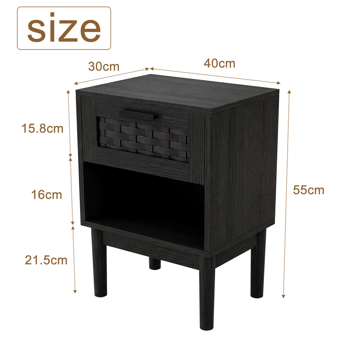 NACHTTISCH 2er Set Holz Rattan Schublade offenes Fach schwarz - Schwarz, Holz (30/55/40cm) - LEBENLANG