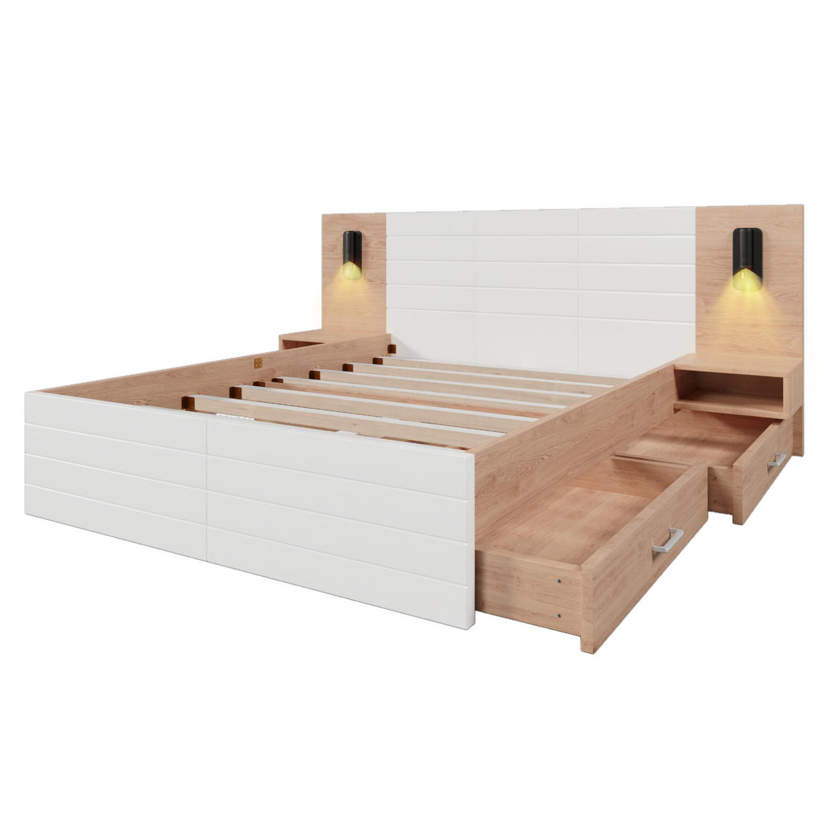 BETT 180/200 cm in Weiß/Eiche mit USB-Anschluss, Leselicht und 2 Schubladen - Weiß, Holzwerkstoff (180/200cm) - Flora Grace